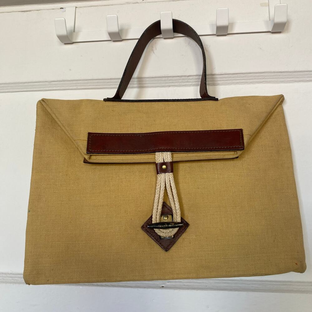 Vintage 60s Canvas & Leather Briefcase Wristlet Tan Brown Trip Natural Fibers